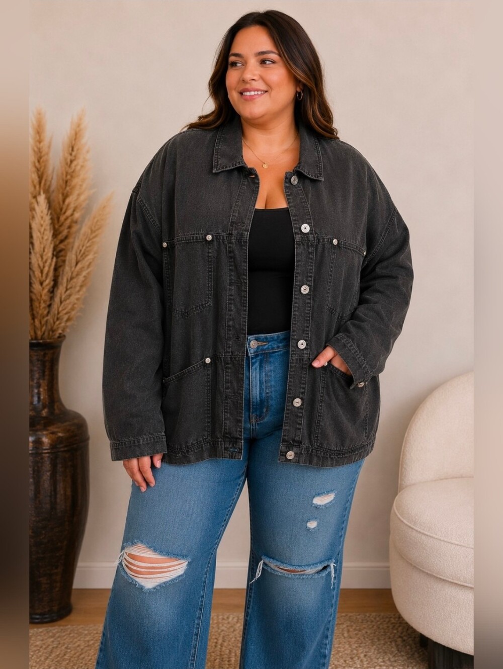 Vintage Chico’s Faded Black/Charcoal Denim Jacket – Oversized Relaxed Fit XL